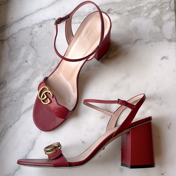 Gucci red leather, Marmont block heel sandals - Picture 1 of 7